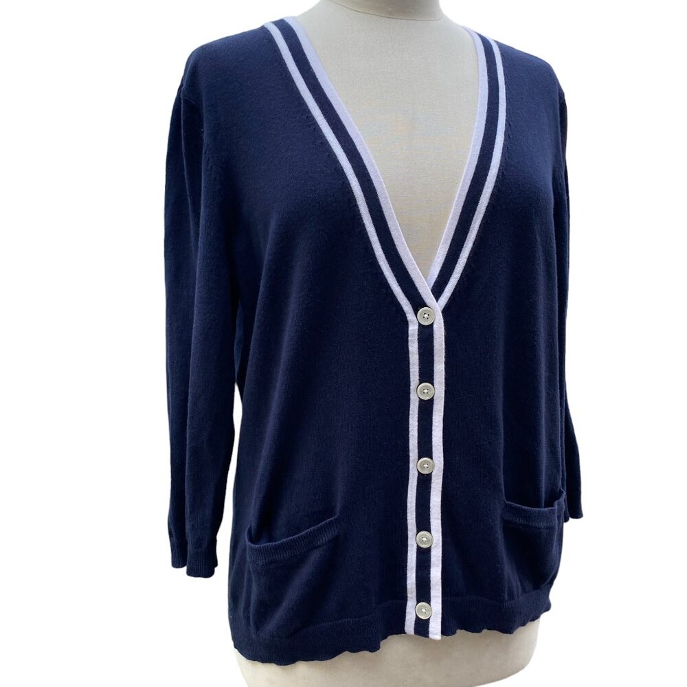 American Living Varsity Button Cardigan Sweater Blue White Academia Preppy-XL